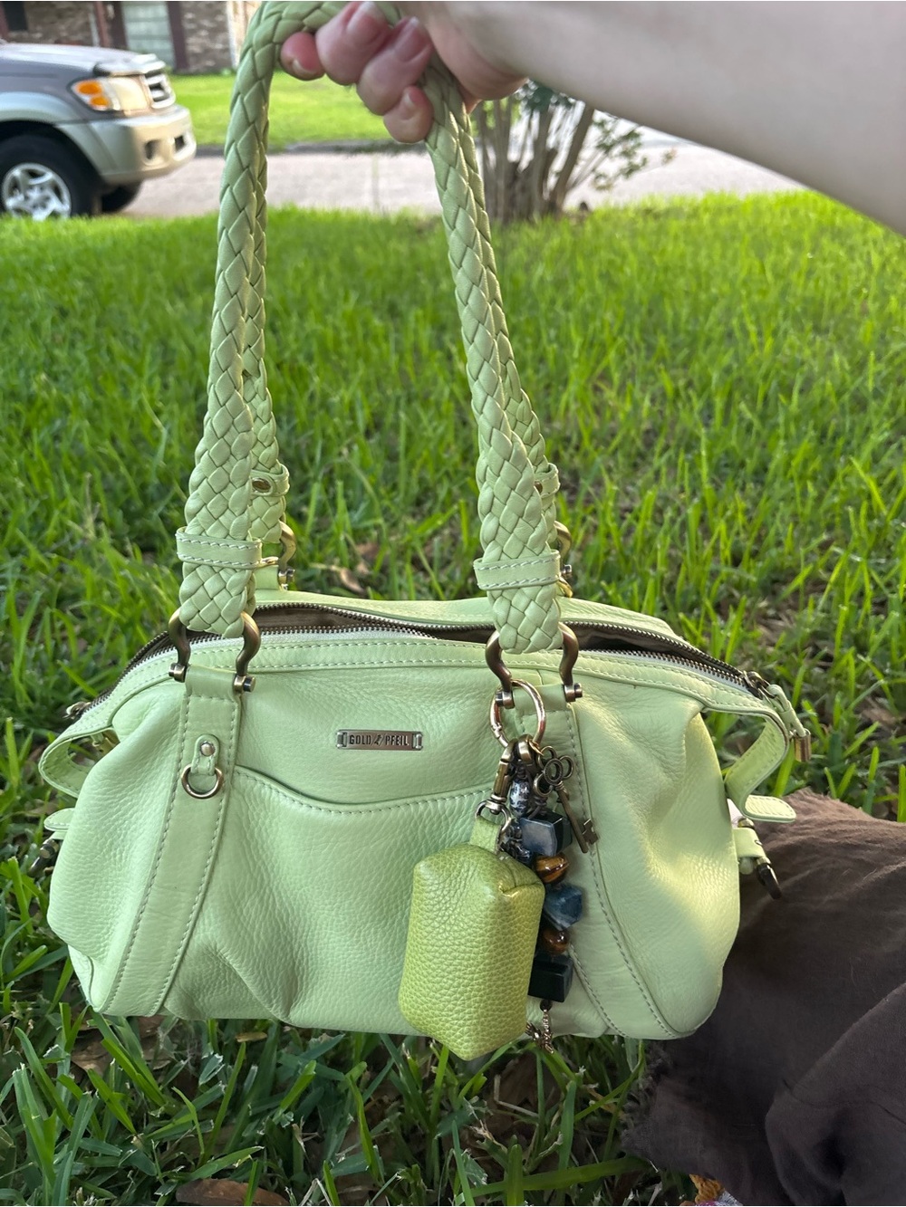 Gold Pfeil Light Green Leather Slouchy Shoulder Bag